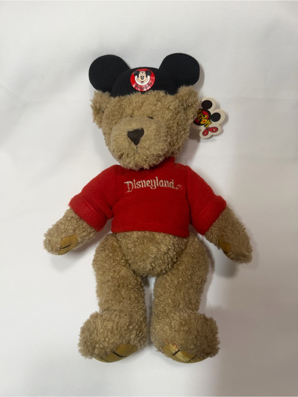 Disney Plush Bear in Red Disneyland Sweater with Black Mickey Ears